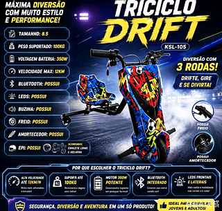 Triciclo elétrico infantil de 8,5 polegadas e 350W com luzes LED, Bluetooth, 3 velocidades e equipamentos de proteção (capacete, joelheiras e cotoveleiras)ksl-