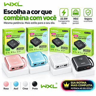 Power bank portátil 20000mAh com IOS e cabo Tipo C