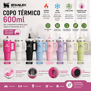 ￼Copo térmico de aço inoxidável 600ml com alça e canudo