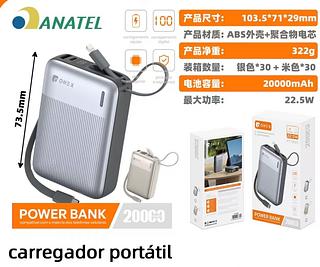 Power Bank 20000mAh 22.5W Carregamento Rápido Display Digital 2 Saídas com Cabo Tipo C E iPhone
