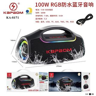 Caixa de som bluetooth portátil 100W com TWS e LED