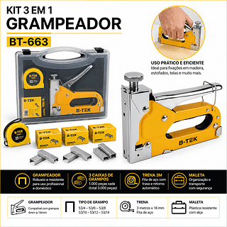 Grampeador Tapeceiro com Trena 2 Metros + 1100 Grampos e Maleta