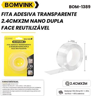 FITA ADESIVA TRANSPARENTE 2.4CMX2M NANO DUPLA FACE REUTILIZVEL