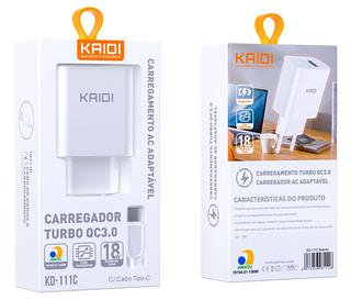 Carregador Kaidi Turbo Qualcomm 3.0 + Cabo C