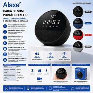 Alaxe Sopt Caixa de Som Inteligente com Display de Horário – Bluetooth, Áudio HD, Relógio de Mesa Perfeito