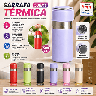 ￼Garrafa 500ml Inox Portátil Vedação Anti Vazamento Quente Frio Academia Viagem