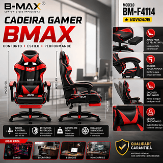 Cadeira Gamer Jogos e Escritório Reclinável Ergonômica Em Couro Pu Com Apoio Para Pés Confortável—BMAX