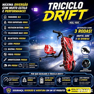 Triciclo elétrico infantil de 8,5 polegadas e 350W com luzes LED, Bluetooth, 3 velocidades e equipamentos de proteção (capacete, joelheiras e cotoveleiras).