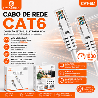 Cabo De Rede CAT6 5Metros Ethernet Lan Giga 10/1000mbps–HMASTON
