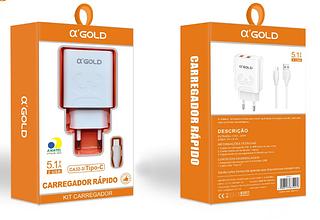CARREGADOR RÁPIDO A’ GOLD COM 2 SAÍDAS USB 5.1A PARA TYPEC