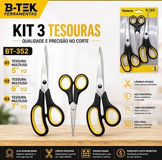 ￼Kit 3 Tesouras Multiuso Aço Inox Costura Artesanato Cozinha Escritório Escola Kit Pratico Preto Amarelo