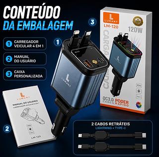 120W Carregador de carro retrátil Carregamento Rápido no Teto do Veículo para iPhone e Celulares Samsung