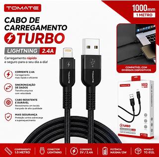 ￼Cabo Carregador Turbo USB Para iPhone Lightning 2.4A Cabo Reforçado—TOMATE