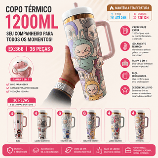 Copo LABUBU Térmico com Canudo 1.2L Inox 1200mL Garrafa com Protetor de Canudo Florido Personalizado Floral