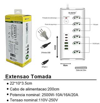 Filtro de linha Regua de Tomadass 6tomadas 3USB 3Tipo C—BMAX