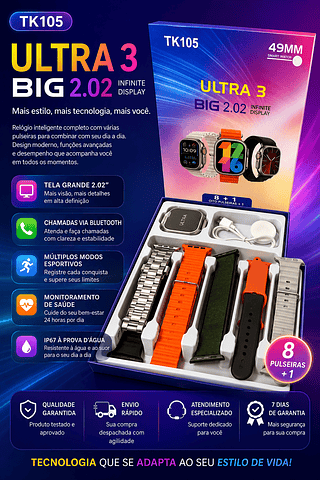 Relógio Inteligente Smartwatch 8+1 Ultra3 BIG2.02 Tem 8pulseiras