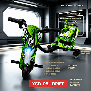 Triciclo elétrico infantil de 6,5 polegadas e 300W com luzes LED, Bluetooth, 3 velocidades e equipamentos de proteção (capacete, joelheiras e cotoveleiras).ycd-