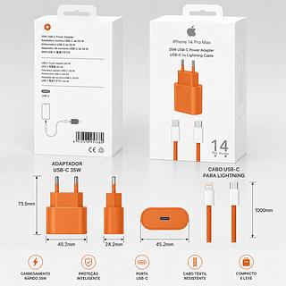 Carregador Turbo Tipo C para iPhone 35W Iphone 14 Pro Max Cor Laranj
