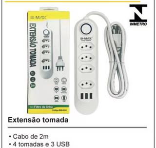 ￼Extensão Elétrica 2m Com 4 Tomadas e 3 Entradas USB—BMAX