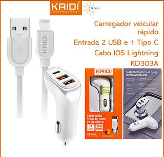 Carregador Veicular Turbo Fonte com 3 Saídas com Cabo USB para IOS Lightning 1m Kaidi KD-304A