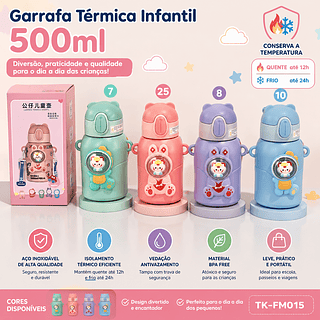 ￼Garrafa térmica infantil com canudo e alça 500ml Copo em aço inox