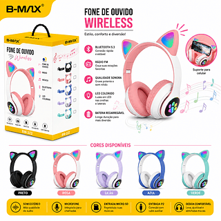 ￼Fone De Ouvido Bluetooth Orelha Gatinho Infantil Led Sem Fio