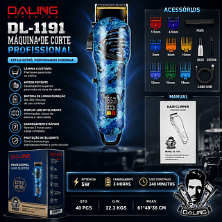 Máquina de Cortar Cabelo Profissional Sem Fio Daling DL-1191 Bateria Li-ion 240min