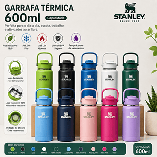 Garrafa térmica inox 600ml, bico duplo com capa protetora de silicone+Marca stanley