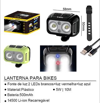 LANTERNA PARA BIKES 2 LEDs brancos+luz vermelha+luz azul -ion Recarregavel