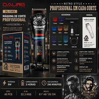 Máquina de Cortar Cabelo Profissional Sem Fio Daling DL-1193 Bateria Li-ion 240min