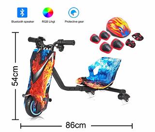 Triciclo elétrico infantil de 6,5 polegadas e 150W com luzes LED, Bluetooth, 3 velocidades e equipamentos de proteção (capacete, joelheiras e cotoveleiras).ycd-