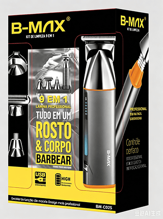 ￼Kit Aparador de Pelos 9 em 1 B-MAX – Máquina de Cabelo e Barba Sem Fio, Recarregável e Bivolt