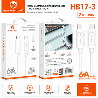 ￼Cabo Carregador Turbo 6A H'Maston HB17 2Metros USB Carregamento Rápido Reforçado para TYPEC