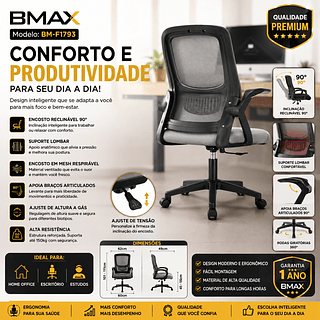 Cadeira Ergonômica Escritório Ajustável Reclinável Apoio Lombar Tela Mesh Confortável—BMAX