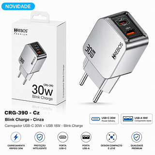 Carregador Turbo 30w Gan Hrebos Com Conector Usb-a E Tipo-c.