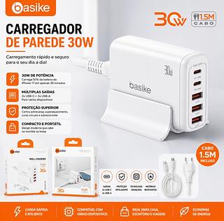 Estação Carregador Basike 5 Portas USB e USB-C com Carga Rápida 30W para Celular e Tablet
