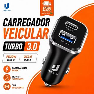 Carregador Veicular Turbo 3.0 PD20W QC3.0 | USB + USB-C | Carregamento Rápido para iPhone e Android