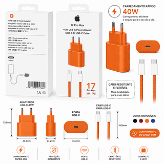 Carregador Turbo Tipo C para Tipoc 40w，Iphone 17 Pro Max Cor Laranja