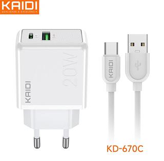 Carregador Duplo Rápido Turbo 20w Kaidi Usb + Usb-c Pd Qc para type-c