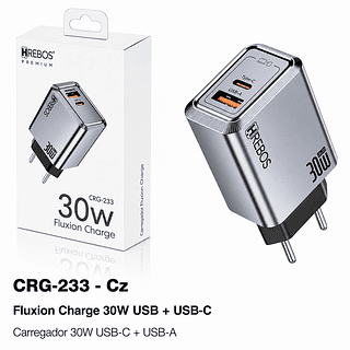 Carregador Turbo 30w Gan Hrebos Com Conector Usb-a E Tipo-c.