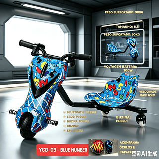 Triciclo elétrico infantil de 6,5 polegadas e 300W com luzes LED, Bluetooth, 3 velocidades e equipamentos de proteção (capacete, joelheiras e cotoveleiras).