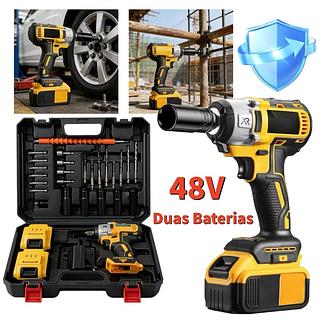 Chave de Impacto 48V Sem Fio Profissional com 2 Baterias de Lítio Parafusadeira Furadeira Bivolt Alta Potência