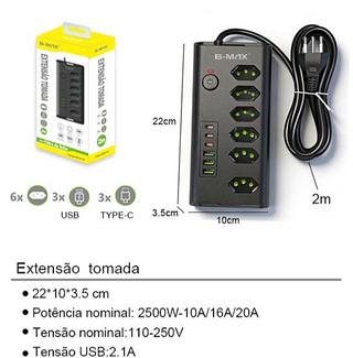 Filtro De Linha Bivolt 6 Tomadas Múltiplas Com 3 Usb E 3 tipo C Branco 127/220v