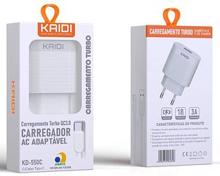 Carregador Turbo Para Type-c QC3.0 3A Kaidi 18W
