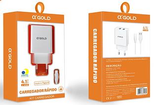 Carregador Completo TurboRápido AGOLD 2 Usb 4.1A type-c