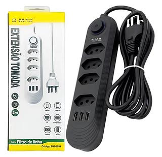 Extensão eletrica B-Max 4 Tomadas 3 USB Filtro de Linha Cabo 2m Bivolt