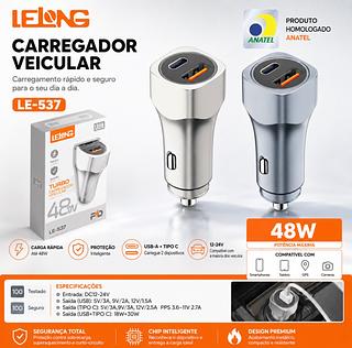 ￼Carregador Veicular Turbo Fast Charger Pd 48w Duplo Usb-c（le-536）