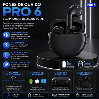 fones de ouvido PRO6 bluetooth sem fio de alta qualidade