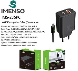 Carregador Turbo 30W Entrada Dupla USB-A e USB-C saída Tipo C