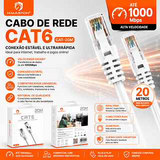 Cabo De Rede CAT6 20Metros Ethernet Lan Giga 10/1000mbps–HMASTON